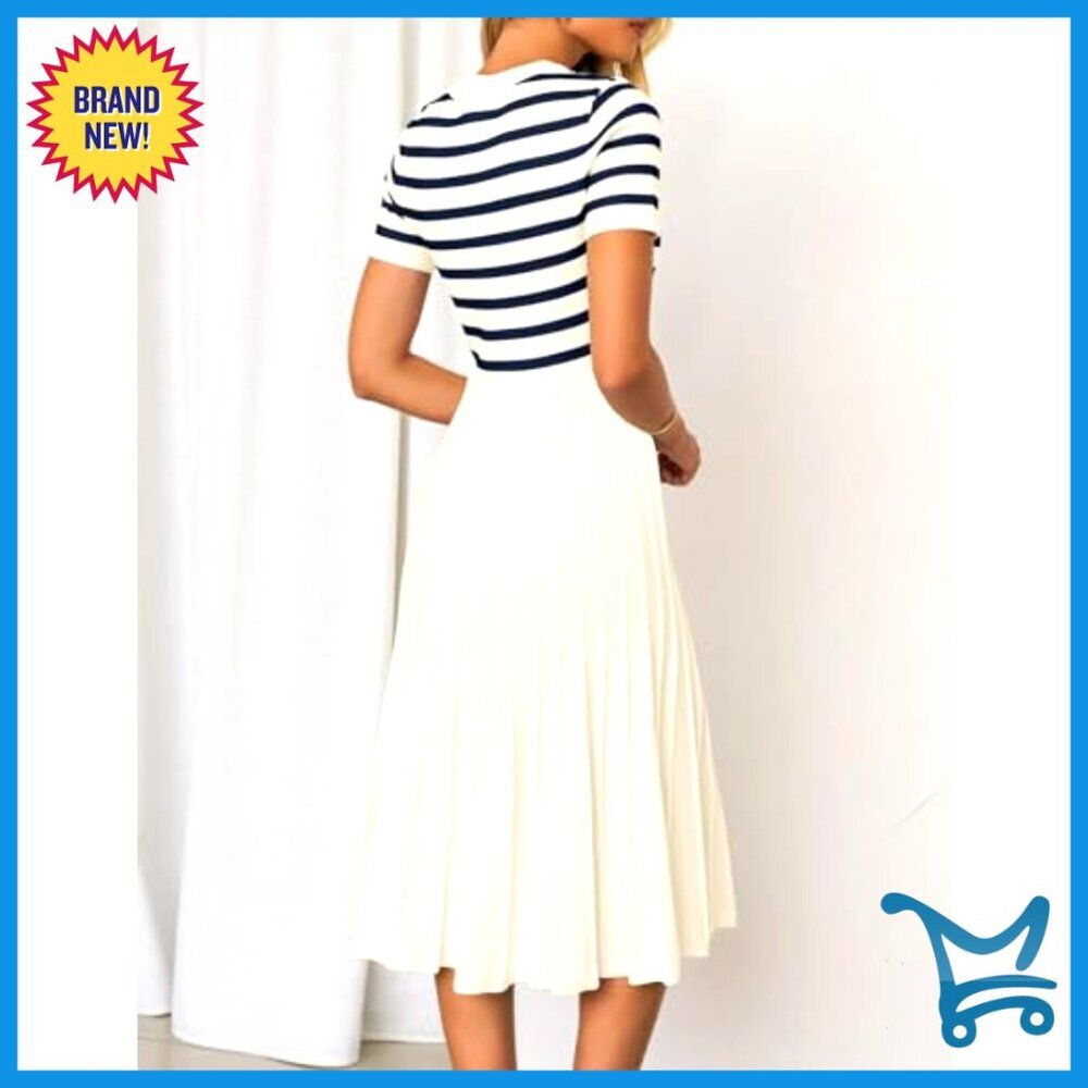 Casual Midi Dress Crewneck Short Sleeve Button Ribbed Knit Swing Pleated A-Line - Picture 4 of 7